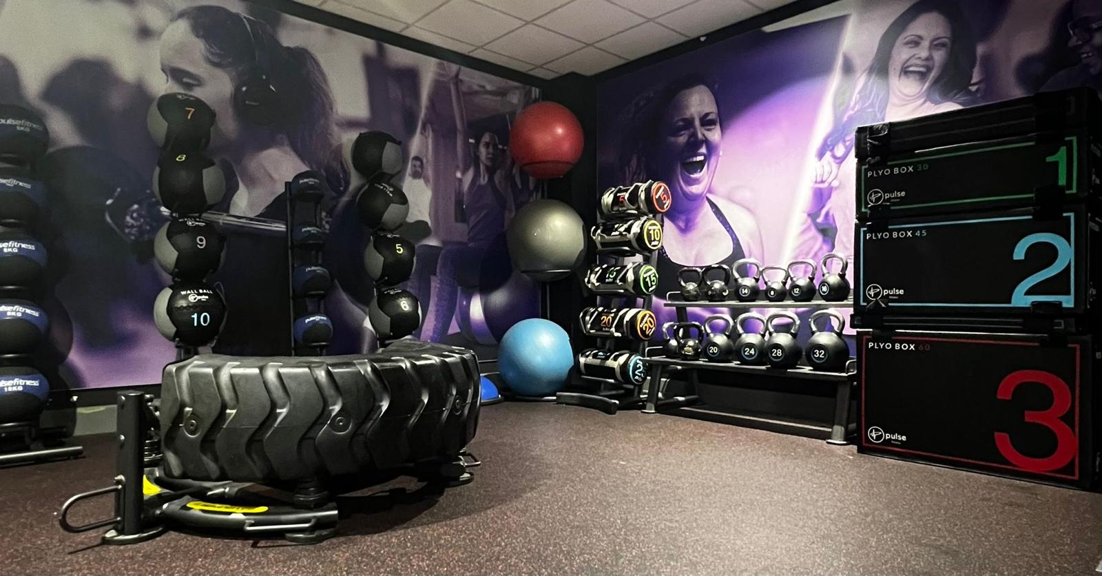 Functional training zone with kettlebells and plyo boxes at Phoenix Pool and Gym, Bradwell